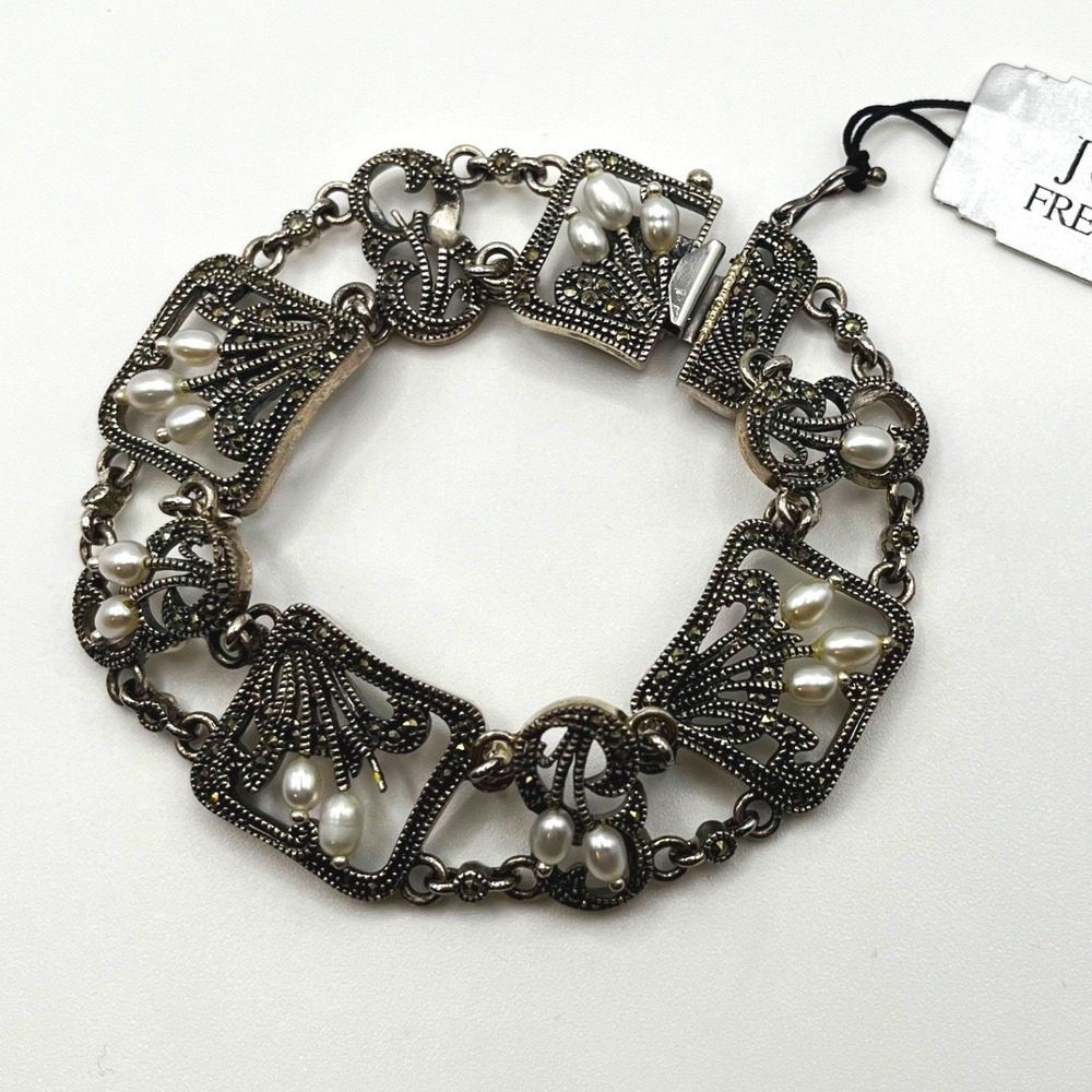 Judith Jack Sterling Silver Marcasite Freshwater Pearl Art Deco Link Bracelet